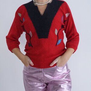 Vintage Franco Valeri Red Knit Black V-Neck Details Colourful Leaves Sweater S